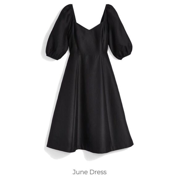 Draper James Women's Black June Dress Puff Sleeve Silk Blend Midi Fit/Flare | 16 - Picture 3 of 11